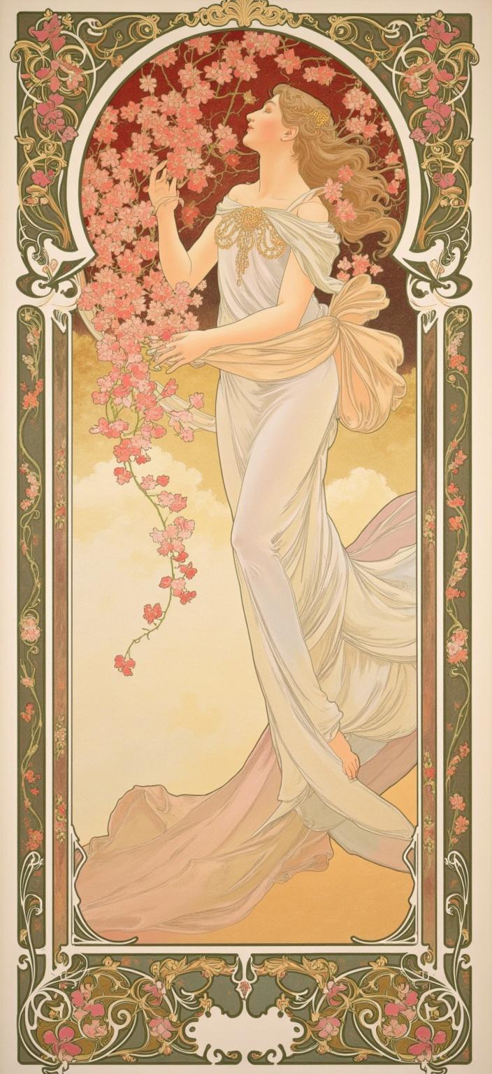 mucha, The painting captures a mesmerizing ballet-like pose midair, as a delicate fairy hovers gracefully, her wings caught in a spiral of vibrant petals. Her flowing robes seamlessly blend into a swirling wind of cherry blossoms, creating a captivating visual symphony. Inspired by the style of Mucha, the artwork features flowing, organic lines, intricate decorative patterns, and a harmonious blend of natural motifs such as flowers, vines, and celestial elements. Set against a highly stylized background, the scene unfolds with a dreamlike, romantic aesthetic, seamlessly merging fine art with design.

Delicate colors and exuberant floral motifs are enriched with Mucha’s signature blend, composed of sinuous vines, blooming flowers, and subtle geometric patterns, enhancing the painting with a refined ornamental quality. The entire scene is elegantly enclosed within an elaborate ornamental frame, reminiscent of a grand Gothic window, with sweeping curves and detailed embellishments. This intricate border is adorned with organic patterns, flowers, and celestial symbols, serving as a visual unifier and gateway into a dreamlike realm where nature and human emotion intertwine in poetic harmony.

Designed specifically for digital wallpaper, the composition is centered perfectly to ensure a crisp, clean look, making it suitable for a captivating display in any digital space.
