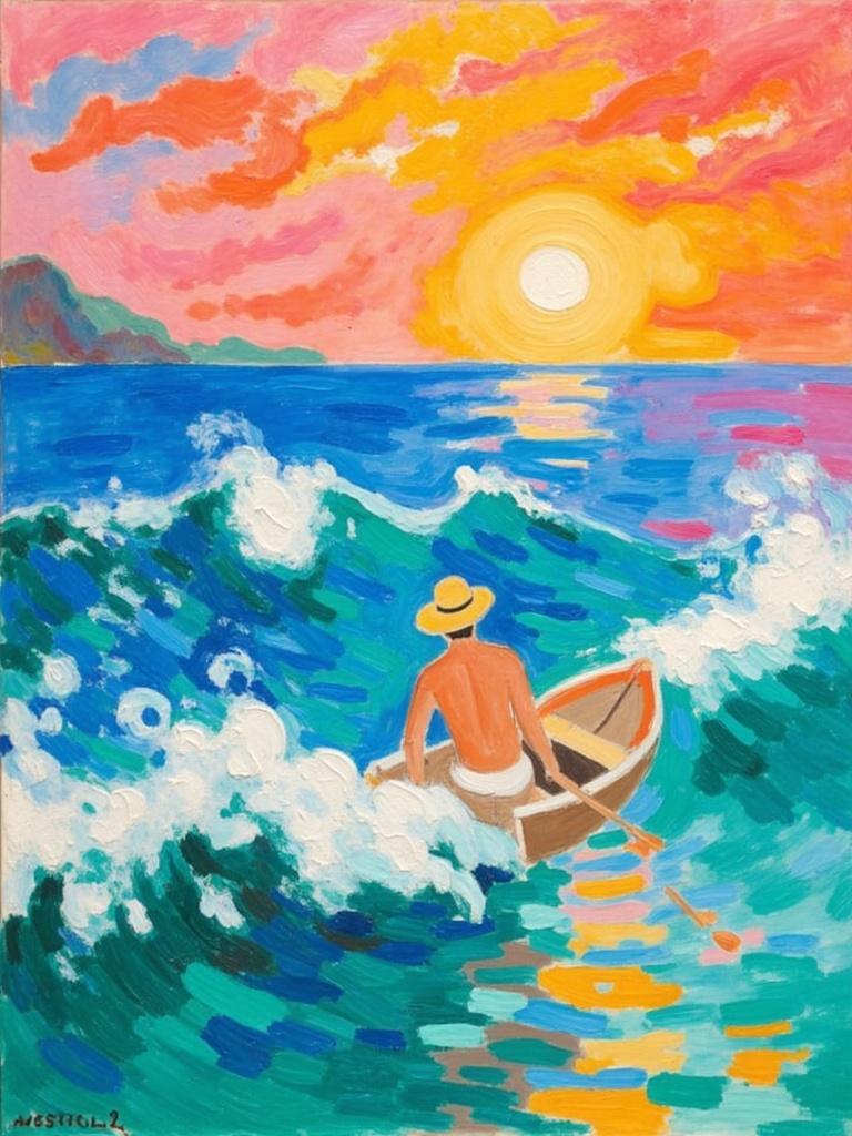 mattise_nice, A vibrant and dynamic painting capturing the serene yet powerful moment of a small rowboat gently navigating the rolling waves of a sunlit sea. The scene is seen from behind, focusing on the lone figure of a man, his straw hat tilted slightly as he gazes toward the horizon. The waves dance around the boat, rendered in bold, sweeping strokes that echo Matisse's expressive brushwork during his time in Nice. The sunset bathes the scene in a kaleidoscope of warm and cool hues; oranges, pinks, and purples blend seamlessly with the tranquil blues and greens of the ocean, creating a symphony of color that radiates warmth and tranquility. The fluidity and vibrancy of the composition draw inspiration from the modernist flair of Matisse, with each element harmoniously contributing to the sense of movement and emotion. The painting is thoughtfully centered, offering a crisp and clean aesthetic that is perfectly suited for digital wallpaper, allowing the viewer to immerse themselves in the peaceful allure of this seaside moment.