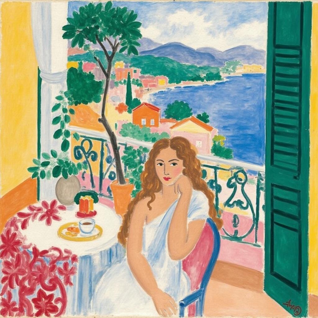 mattise_nice, In a vibrant, sunlit scene echoing the charm of Henri Matisse's "Nice" period, a captivating painting unfolds that effortlessly draws the viewer into a moment of serene beauty. At its heart is a young woman, poised with grace, her long blonde hair cascading in gentle waves. She sits at a charming café table, where an exquisite cup of coffee rests in her delicate hands, inviting a quiet moment of reflection and leisure. Behind her, a balcony opens up to the vibrant world beyond, its classic iron railings hinting at the elegance of a sun-drenched Riviera morning. The palette is a symphony of lively and warm colors, capturing both the vibrancy and tranquility of the French coastal light. The overall composition is balanced and inviting, perfectly centered to ensure a crisp, clean look that translates beautifully onto wall art, ready to infuse any space with a sense of timeless elegance and warmth.