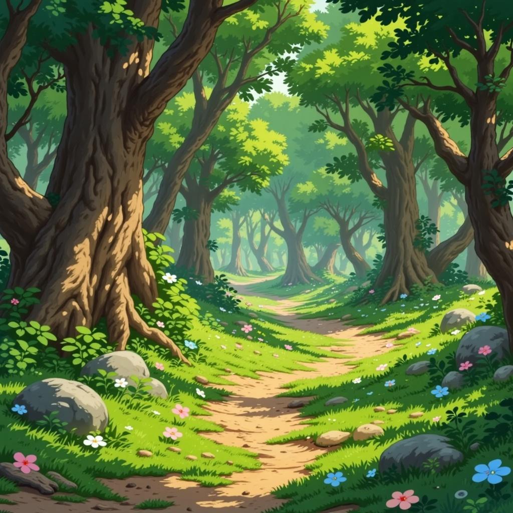 ghibli_illustration, In the heart of a magical forest, the painting captures an enchanting scene teeming with tiny, playful spirits dancing amidst the lush greenery. The surroundings are imbued with the charm of a hand-drawn animation aesthetic, where every leaf and branch is intricately detailed, creating a tapestry of richly textured backgrounds. The forest is alive with movement, as if it breathes along with the gentle swaying of the winds.

The spirits, with expressive designs, flit joyfully about, their forms softly sketched to exude a whimsical and joyful essence. They are adorned in bright colors that pop against the slightly muted, verdant forest hues, adding to the scene’s dreamlike quality. The lighting is warm and natural, casting sun-dappled patterns across the forest floor, inviting viewers to step into this cozy and inviting sanctuary.

Subtle imperfections, characteristic of pencil sketches, lend the painting an organic movement, enhancing its nostalgic, lived-in feel. Everyday textures of the forest—like the rough bark of ancient trees and the soft moss underfoot—are meticulously rendered, making each element feel tangible.

The composition is centered, ensuring the magical spirits and the vibrant life of the forest are in crisp, clear focus, precisely proportioned to captivate the viewer's eye. This carefully balanced scene promises to transform any space, turning a simple wall into a portal to a whimsical, otherworldly realm, perfect for printing as elegant wall art.