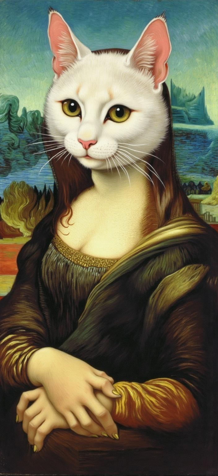 van_gogh, The painting presents a whimsical and anthropomorphic interpretation of the Mona Lisa, with a white cartoon-style cat sitting gracefully in the iconic Renaissance pose. This feline Mona Lisa exhibits large, elegant eyes and a soft smile, exuding a calm and serene expression that echoes the mysterious allure of Leonardo da Vinci’s original masterpiece. The cat's pink inner ears add a touch of whimsy to its otherwise composed demeanor. Draped in a dark brown Renaissance-style dress, the cat's attire boasts intricate gold embroidery that catches the eye with its intricate detail, complemented by a greenish-brown shawl that drapes softly over its shoulders.

The background captures a soft-focus landscape reminiscent of da Vinci's work, featuring winding paths and distant mountains that lend depth and intrigue to the scene. The art style is a harmonious blend of realism and illustration, preserving the classic composition while infusing it with a light-hearted, cartoonish charm.

Inspiration is drawn from the intense color and dynamic brushwork of a well-known painter, employing vivid and rich colors applied in thick, impasto layers. The palette features bold complementary contrasts, like blue and orange or yellow and purple, which heighten the visual impact and intensity of the painting. Loose, energetic brushstrokes swirl across the canvas, creating curly, flame-like patterns that imbue the artwork with a rhythmic, almost pulsating quality. This dynamic approach, coupled with vigorous linear patterns, breathes a unique sense of motion and life into the work.

The overall composition is centered, ensuring a crisp, clean aesthetic that makes it suitable for printing as a digital wallpaper. The painting is infused with raw emotion and a sense of urgency, rendering it both deeply personal and universally appealing, perfect for those seeking art that resonates on multiple levels.