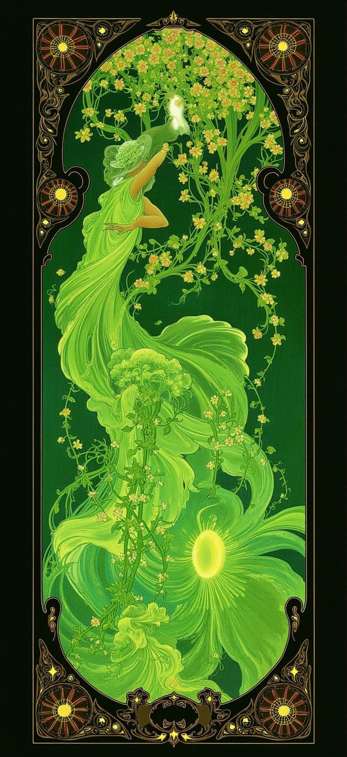 mucha, Title: "Celestial Symphony in Neon Green"

Envision a mesmerizing digital wallpaper that captures the essence of Art Nouveau with a modern twist. At the heart of this composition lies a vibrant neon green color scheme that dances across the canvas in fluid, organic lines. The backdrop is a rich, dark contrast that amplifies the luminous hues, creating a compelling visual impact designed to captivate the viewer’s gaze.

The scene is a harmonious convergence of abstract motifs and nature-inspired designs. Intricate decorative patterns entwine like flowing rivers of energy, weaving through the composition with effortless grace. Ornate vines curl and twist with a life of their own, their tendrils adorned with glowing, ethereal flowers that seem to bloom with an inner light. Interspersed among these are celestial elements: stars, crescent moons, and sunbursts that shimmer as if touched by the radiance of the cosmos.

Drawing inspiration from Alfons Mucha's signature style, the artwork is imbued with a romantic aesthetic. Delicate colors merge seamlessly with exuberant floral motifs, while subtle geometric patterns add depth and texture. The entire scene is framed within an elaborate ornamental border, echoing the grandeur of a Gothic window. This framework, meticulously embellished with intricate arabesques, celestial symbols, and floral flourishes, serves as both a visual anchor and a portal into this dreamscape.

This digital wallpaper is not only a feast for the eyes but also a sophisticated blend of fine art and design, capturing the imagination and inviting viewers into a realm where nature and emotion dance together in perfect harmony. Perfectly centered, it ensures a crisp, clean look that will add an elegant and otherworldly touch to any digital space.