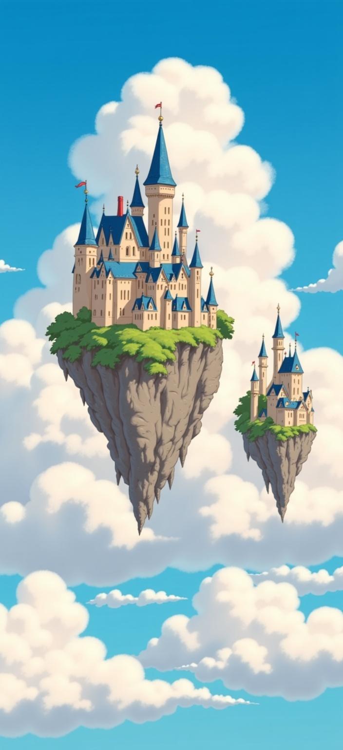 ghibli_illustration, Enriched prompt: Imagine a breathtaking scene featuring a majestic flying castle gently drifting among the fluffy clouds in a whimsical, dreamlike skyscape. The castle, with its intricate spires and towers, appears to float effortlessly, exuding a sense of wonder and magic. Painted in a style reminiscent of hand-drawn animation, the artwork embraces richly detailed backgrounds that feel alive and full of subtle movement. Each turret and wall of the castle is meticulously rendered, showcasing expressive designs and a hand-drawn feel with softly painterly textures. The clouds surrounding the castle are painted with warm, natural lighting, casting a cozy and inviting glow over the entire scene. The colors are vivid yet slightly muted, blending seamlessly to avoid harsh contrasts and maintaining a dreamy, nostalgic quality. The inclusion of everyday textures—like worn stones of the castle and the delicate wisps of cloud—adds a tangible, lived-in essence to the piece. All elements are accurately proportioned and clearly visible, centered perfectly to ensure a crisp, clean appearance that would make a stunning digital wallpaper.