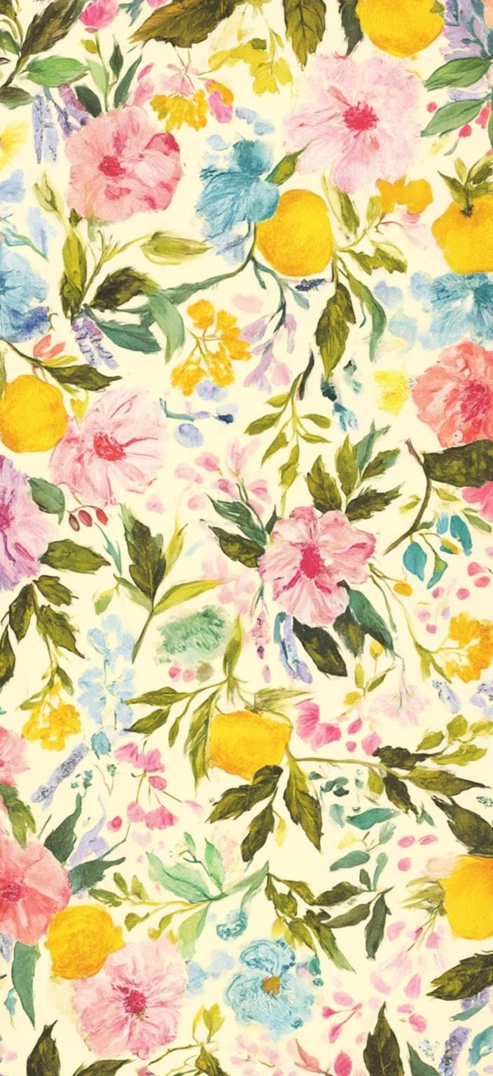 colorful_illustration, Enriched prompt: Immerse yourself in a vibrant and colorful illustration of watercolor lemons and delicate blossoms, set against a soothing pale yellow background. This fresh and cheerful pattern is infused with a playful, dynamic, and hand-drawn feel that invites endless joy. The composition draws inspiration from a lavish, decorative style, where intricate details blend seamlessly with bold organic shapes. Scattered across the canvas, decorative elements like dots, swirls, and abstract motifs echo the luxurious layering of colors and patterns, creating an impressive sense of depth and movement. Harmoniously arranged, various leaves and floral elements add a natural, free-flowing quality, reminiscent of Scandinavian folk art and mid-century botanical prints. Perfectly centered, this artwork radiates a crisp, clean aesthetic, making it ideal for printing as a digital wallpaper that transforms any space into a lively and uplifting haven.