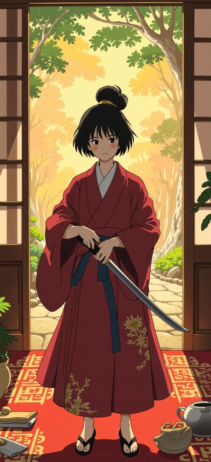 ghibli_illustration, In a striking digital wallpaper, a beautifully powerful samurai woman stands as the focal point. Her black, short hair is perfectly styled, subtly capturing the light to highlight its glossy texture. She is dressed in traditional samurai attire, intricately embroidered with patterns that echo a sense of history and honor. In her hands, she confidently wields a katana, its blade gleaming, reflecting the ambient light with a hint of menace and grace.

The scene is painted in a hand-drawn animation style, bursting with bright colors and a whimsical, joyful aesthetic. The richly detailed background teems with life, a seamless blend of delicate pencil sketches and soft, painterly textures that impart a dreamlike, nostalgic quality. Everyday objects and textures are rendered with meticulous care, enveloping the scene in a sense of tangibility and lived-in charm.

The lighting is warm and natural, creating a cozy and inviting atmosphere that envelops the viewer in a sense of calm and wonder. Vivid yet slightly muted colors fill the canvas, avoiding harsh contrasts to maintain a serene, dreamy ambiance. The main subject, the samurai woman, is accurately proportioned and clearly visible, standing out against the lush backdrop, ready to captivate and inspire.

This digital wallpaper captures the essence of a timeless moment, blending the tradition of the samurai with the captivating charm of hand-drawn artistry, perfect for adorning any digital space with its ethereal beauty.