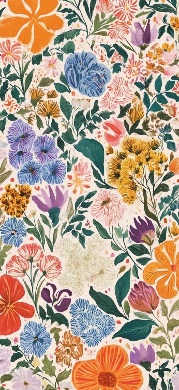 colorful_illustration, Create a vintage botanical drawing of herbs that captures the essence of an idyllic garden. The canvas should be alive with a vibrant and colorful illustration style, exuding a playful and dynamic energy paired with a hand-drawn feel. Centered to ensure clarity and cohesion, the image is ideal for printing as a digital wallpaper. The background is adorned with organic shapes that flow seamlessly, incorporating scattered decorative elements such as a variety of leaves and floral components. These elements are arranged with meticulous harmony, contributing a natural and free-flowing quality to the design.

The composition should embrace a lavish and decorative style, echoing an intricate tapestry where bold organic shapes meet delicate details. Interspersed are ornamental accents, including dots, swirls, and abstract motifs, which introduce a touch of whimsy and elegance. This luxurious layering of colors and patterns invites a sense of depth and movement, encouraging the eye to explore every corner of the artwork.

Drawing inspiration from Scandinavian folk art and mid-century botanical prints, the piece should feature organic shapes and radial floral patterns that create a harmonious and timeless appearance. The overall feel of the artwork must be reminiscent of those classic styles, yet refreshed with a modern twist that makes it eminently suitable for a contemporary digital wallpaper.