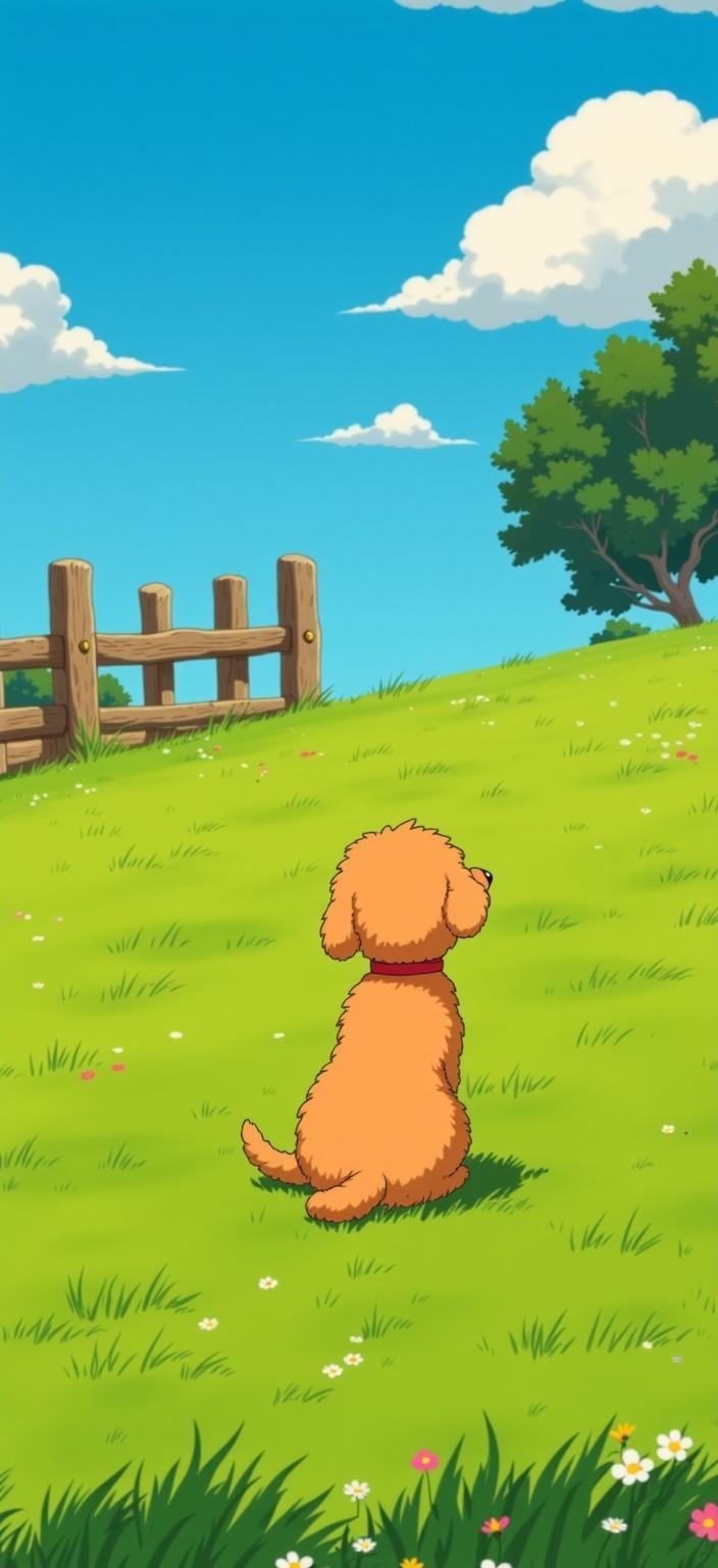 ghibli_illustration, On a vast green lawn, bathed in the warm, gentle glow of natural sunlight, sits a charming golden doodle, its curly fur softly shimmering with hints of gold. The scene is rendered in a style reminiscent of hand-drawn animation, where every detail is meticulously crafted to convey a sense of whimsical joy and nostalgia. The golden doodle is depicted with expressive character features, its eyes full of playful curiosity, and its posture exuding a sense of comfort and contentment.

Surrounding the central figure is a richly detailed background, alive with the delicate whisper of a gentle breeze rustling through the grass. The blades of grass are painstakingly rendered to showcase their lively dance, subtly swaying and casting soft, painterly shadows on the ground. The textures throughout the scene maintain a hand-drawn feel, with subtle pencil sketches and organic movements, adding a layer of depth and charm.

The color palette is bright yet slightly muted, avoiding harsh contrasts to preserve a dreamy, nostalgic atmosphere. Everyday objects, such as small wildflowers peppered across the lawn and a quaint wooden fence in the distance, are intricately rendered, adding to the tangible, lived-in quality of the scene. The composition is centered, focusing on the golden doodle, ensuring a crisp, clean look that is perfect for printing as a digital wallpaper, inviting viewers into a world where whimsy and reality beautifully intertwine.