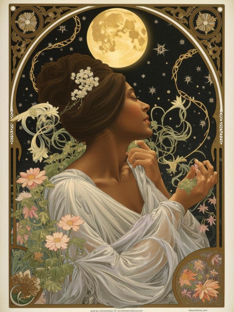 mucha, Envision a captivating digital wallpaper where the centerpiece is a black young woman, her graceful profile bathed in the gentle luminescence of a full moon set against a dark, serene night sky. Her expression is one of wonder, as she gazes upward, her eyes seemingly reflecting the celestial glow above. The night sky is embellished with a cascade of twinkling stars and ethereal wisps of clouds that weave through the vast expanse, enveloping her in their nocturnal embrace.

The painting is crafted in an exquisite Art Nouveau style, characterized by flowing, organic lines and intricate decorative patterns. Surrounding the central figure, a symphony of natural motifs unfolds: delicate flowers and winding vines weave their way through the composition, each petal and leaf rendered with meticulous detail. These elements create a harmonious blend of art and nature, inviting the viewer into a dreamlike, romantic aesthetic.

The background is a tapestry of subtle geometric patterns interwoven with Mucha’s signature style of exuberant floral motifs. The color palette is a refined assortment of soft, delicate hues—pale lavenders, deep indigos, and blushing pinks—that together evoke a sense of tranquility and elegance.

Encircling the entire scene is an elaborate ornamental frame, reminiscent of a grand Gothic window. Its sweeping curves and detailed embellishments, adorned with celestial symbols and organic patterns, provide a visual unifier that enhances the composition’s refined, ornamental quality. This intricate border serves as a gateway into a poetic realm where nature and human emotion intertwine, inviting the observer to linger in this enchanting, dreamlike space. The overall effect is a masterpiece that enriches any digital wallpaper with its beauty and depth, creating a perfect focus for any wall display.