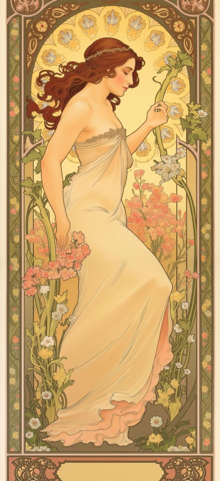 mucha, Enriched prompt:

In the enchanting Art Nouveau style inspired by Alphonse Mucha, envision a captivating painting that captures the essence of a graceful woman engaged in a serene dance amidst a vibrant spring garden at the break of dawn. Her flowing dress, a cascade of delicate fabric, shimmers as it catches the first golden rays of sunlight, embodying the ethereal beauty of the moment. Around her, an explosion of blooming cherry blossoms and intricate, sinuous vines create a lush, vibrant tapestry of life and growth. The soft, golden sunlight filters through the garden, illuminating the scene with a warm, gentle glow, while the fresh morning dew glistens like tiny jewels on petals and leaves. The air is filled with the symphony of gentle birdsong, adding a melodious layer to the serene environment.

The composition is further enriched with Mucha’s signature aesthetic, where flowing, organic lines and intricate decorative patterns intertwine in a harmonious blend. Natural motifs such as flowers, vines, and celestial elements are set against a highly stylized background, creating a dreamlike, romantic aesthetic. This masterpiece seamlessly merges fine art with design, utilizing a delicate palette of pastel colors to enhance its visual poetry. The scene is enclosed within an elaborate ornamental frame, reminiscent of a grand Gothic window, with sweeping curves and detailed embellishments. This intricate border, adorned with organic patterns, flowers, and celestial symbols, serves as a gateway into this dreamlike realm where nature and human emotion intertwine in a poetic dance.

This captivating artwork, with its refined, ornamental quality, is perfectly centered to create a crisp, clean look, making it an ideal digital wallpaper that transforms any screen into a portal to a world of elegance and natural beauty.