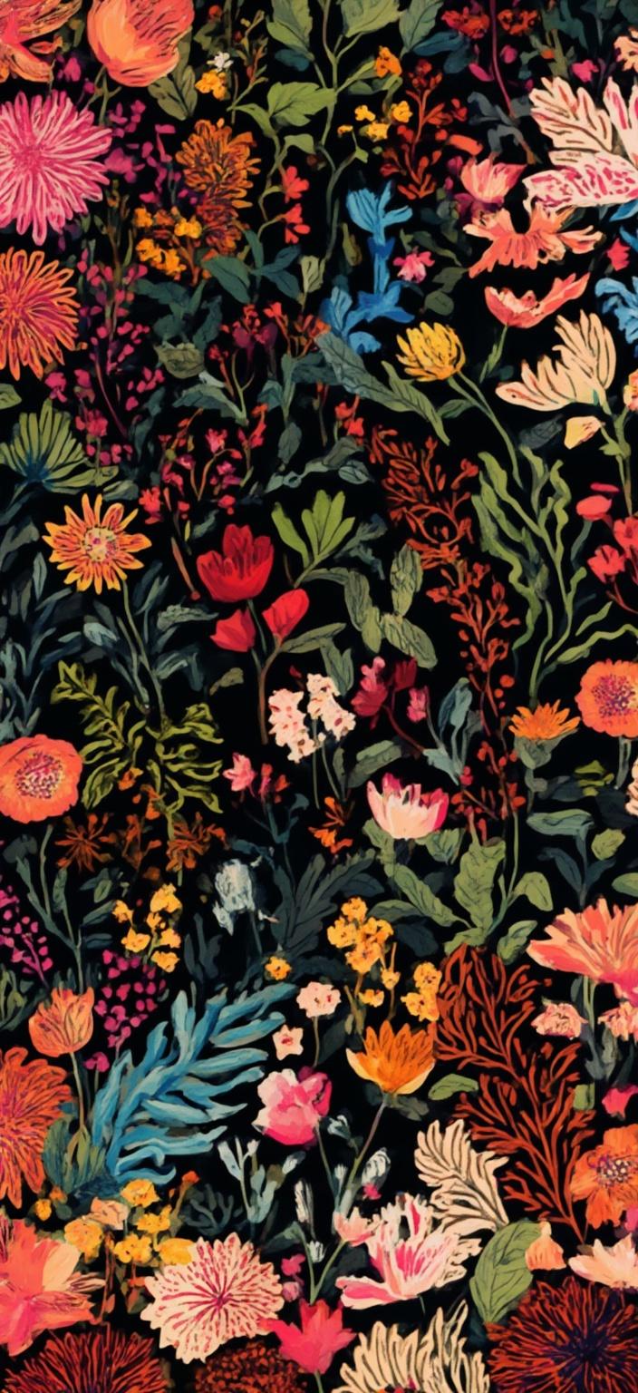 colorful_illustration, Enriched prompt:  

Create a digital wallpaper featuring a striking and sophisticated dark color palette as its base, designed with a sense of aesthetic elegance. This artwork should draw inspiration from a vibrant and colorful illustration style that injects life into the dark backdrop through playful and dynamic elements. The composition should exude a hand-drawn feel, highlighted by a harmonious arrangement of organic shapes. Scattered throughout the canvas are decorative elements, including various types of leaves and floral motifs, each artfully placed to contribute to the free-flowing natural essence of the design.

The wallpaper's style should incorporate a lavish, decorative approach with an intricate composition. It should blend bold organic shapes with delicate details to create depth and movement within the image. Use scattered ornamental features such as dots, swirls, and abstract motifs to add a layer of intricacy. The luxurious layering of colors and patterns will be key in evoking a sense of depth and dynamic energy, reminiscent of Scandinavian folk art and mid-century botanical prints. This enriched design will ensure the wallpaper is not only aesthetically pleasing but also suitable as a prominent digital piece, perfect for printing.
