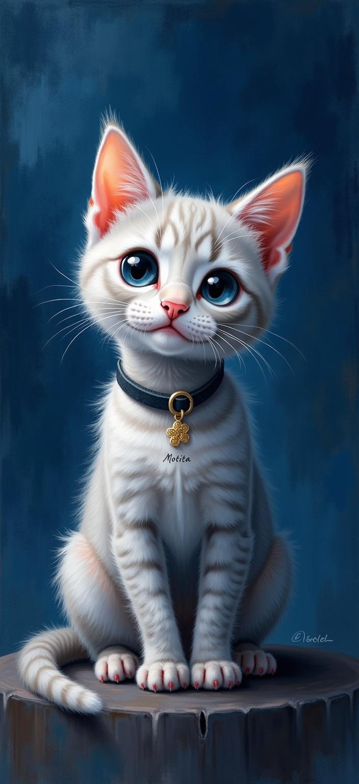 rothko, Enriched prompt: Envision a captivating digital wallpaper featuring a delightful gray kitten, its fur a soft, silvery hue that exudes a sense of gentle elegance. Around its neck, a charming collar bears the name "Motita" delicately inscribed, symbolizing its playful personality. The backdrop is an enchanting deep navy blue, reminiscent of a tranquil evening sky, further enhancing the kitten's graceful presence. The painting draws inspiration from a style characterized by complex layering of translucent colors, allowing light to filter through and bestow the scene with a luminous glow. Up close, the colors intermingle, creating a fluid, almost dreamlike quality with blurred boundaries between shapes, while from a distance, soft-edged rectangles of color appear to float weightlessly. The richly varied surfaces, with paint drips or strokes flowing in unconventional directions, contribute to an ethereal, almost mystical ambiance, making this artwork an exquisite centerpiece for any space.