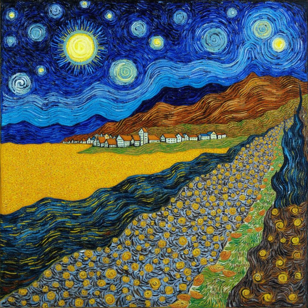 van_gogh, **Enriched Prompt:**

Envision a starry night enveloping a serene village, painted with intense color and dynamic brushwork that brings a bold, expressive composition to life. The scene is bathed in vivid, rich colors applied in thick, impasto layers, creating a palpable sense of movement and emotional depth that draws the viewer in. Imagine bold complementary color contrasts of deep blues swirling against bright oranges, and shimmering yellows juxtaposed with deep purples, all working together to heighten the visual impact and intensity of the scene.

The sky is a symphony of swirling, curly, flame-like patterns, capturing the rhythmic and pulsating quality of a starry night. Energetic and loose brushstrokes convey a sense of motion and vitality as if the stars themselves are alive, dancing in harmony with the tranquil landscape below. The village rests peacefully under this dynamic canopy, its quiet charm accentuated by the vigorous, linear patterns that weave through the painting, infusing it with life and urgency. 

This work is infused with raw emotion, a painting that speaks both to personal introspection and a universal human experience, making it compelling and evocative. The image is perfectly centered to ensure a crisp, clean look, ideal for transforming into a stunning piece of wall-art that captivates and inspires all who behold it.