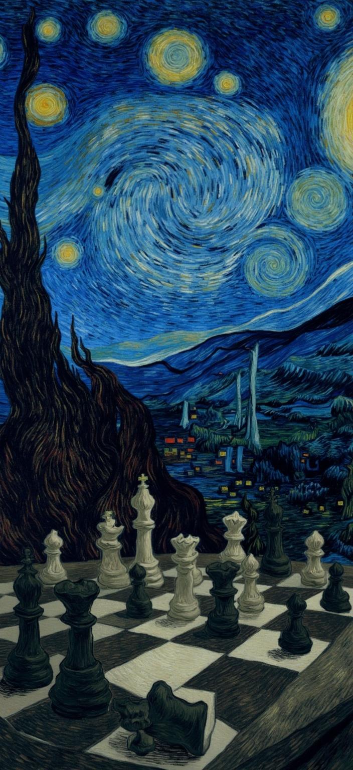 van_gogh, Enriched prompt: In the digital wallpaper, a dark, moody chessboard commands the foreground, its intricate squares and pieces cast in dynamic shadows. The scene draws you in with its post-impressionist style, inspired by Van Gogh's unique artistic flair. Surrounding this strategic battleground, the night sky swirls with the iconic patterns of Van Gogh’s "Starry Night." The sky is alive with intense, swirling stars and a luminous crescent moon, all rendered in a vivid palette of blues and yellows. These bold, complementary colors play off each other, creating an electric contrast that heightens the emotional depth of the piece.

Thick, impasto layers of paint give the sky texture and movement, while the brushstrokes, loose and energetic, create flame-like patterns that imbue the scene with a rhythmic pulse. The chessboard, though solid and grounded, appears to float within this cosmic dance, its black and white squares rendered with rich tonal variation, subtly reflecting the swirling sky above.

The entire composition exudes a raw, urgent emotion. The interplay of sky and chessboard is both a reflection of personal introspection and a universal contemplation of the infinite. This digital wallpaper is designed to be a centerpiece, capturing attention and inspiring thought, perfectly centered for a crisp and clean presentation on any digital display.
