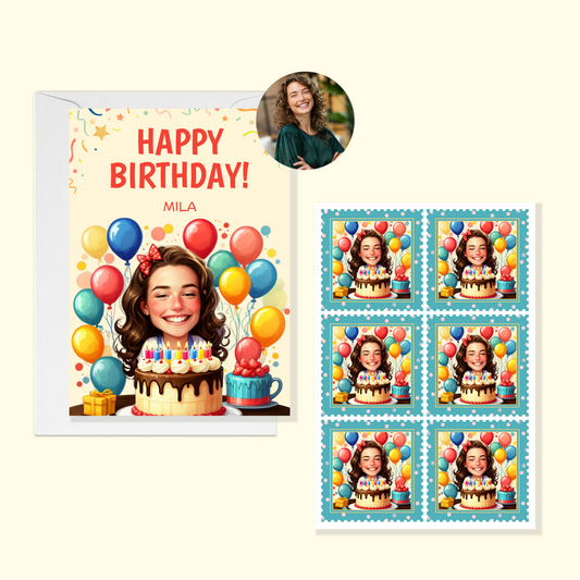 Custom Birthday Card with Matching Postage-Style Stickers