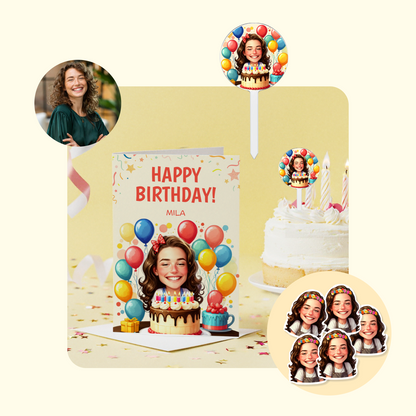 Custom Birthday Bundle with Cake Topper & Face Stickers