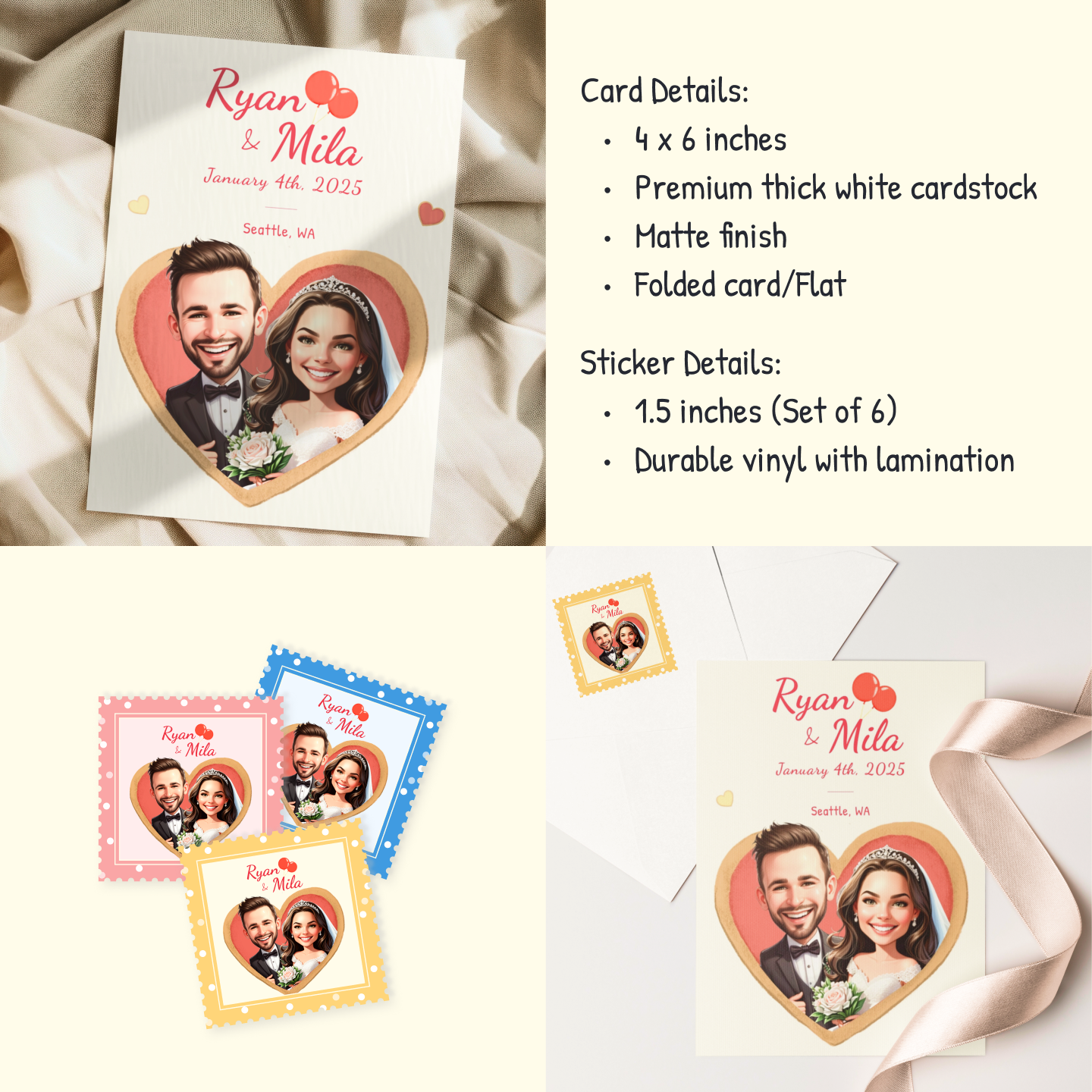 Custom Cartoon Save the Date Cards & Matching Stickers – Wedding Announcement Set