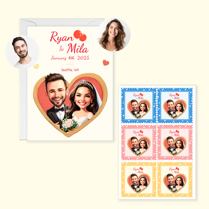 Custom Cartoon Save the Date Cards & Matching Stickers – Wedding Announcement Set